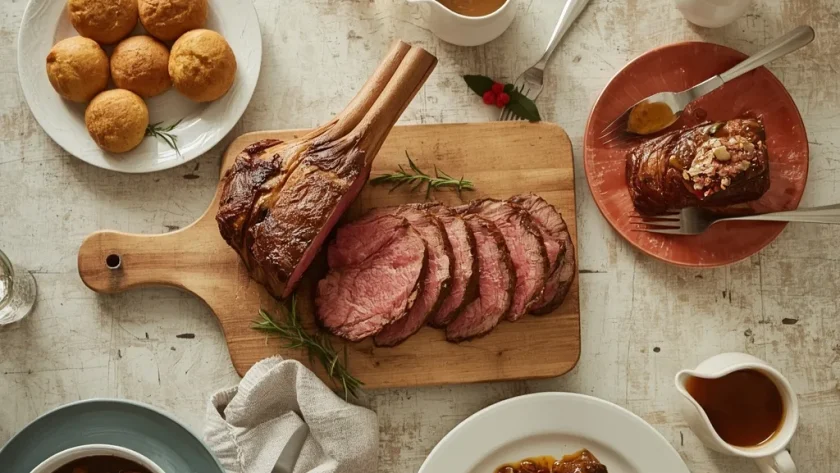 Christmas beef dishes including roast rib of beef, Yorkshire puddings, beef Wellington and short ribs