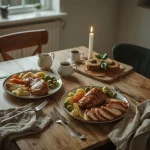 Christmas dinner for two with turkey breast, roast potatoes, sprouts and individual beef Wellingtons