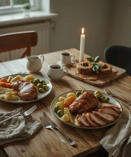 Christmas dinner for two with turkey breast, roast potatoes, sprouts and individual beef Wellingtons