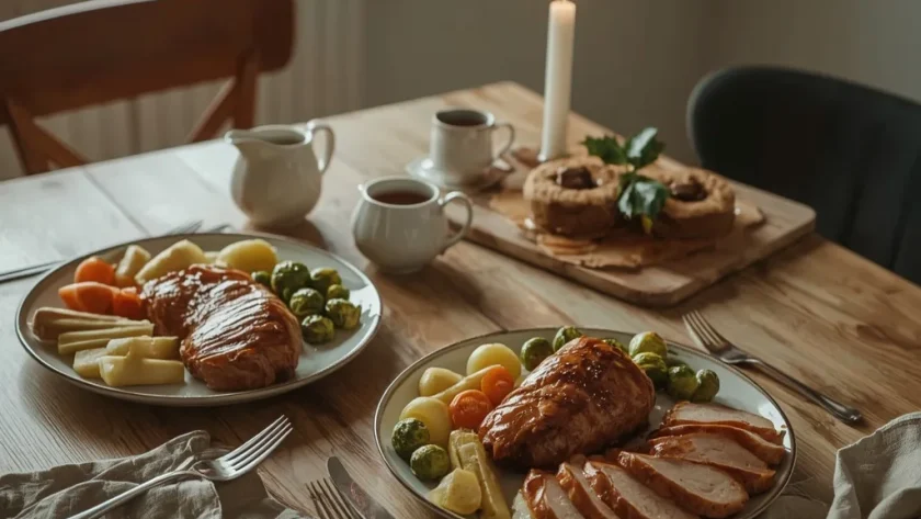 Christmas dinner for two with turkey breast, roast potatoes, sprouts and individual beef Wellingtons