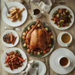 Christmas dinner spread with roast turkey crown, roast potatoes, vegetables, cranberry sauce and gravy