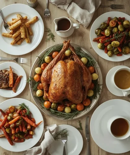 Christmas dinner spread with roast turkey crown, roast potatoes, vegetables, cranberry sauce and gravy