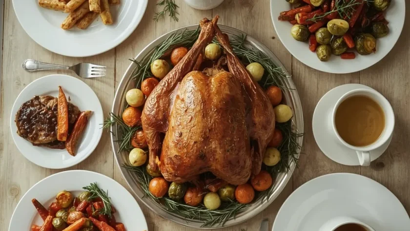 Christmas dinner spread with roast turkey crown, roast potatoes, vegetables, cranberry sauce and gravy