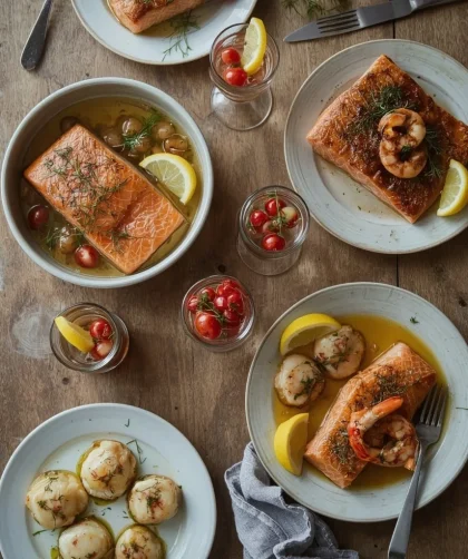 Christmas fish and seafood dishes including salmon en croûte, prawn cocktail, baked salmon and scallops