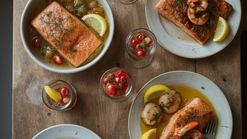 Christmas fish and seafood dishes including salmon en croûte, prawn cocktail, baked salmon and scallops