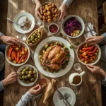 Family Christmas lunch with roast turkey, roast potatoes, vegetables, cranberry sauce and gravy