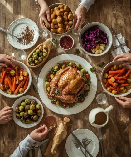 Family Christmas lunch with roast turkey, roast potatoes, vegetables, cranberry sauce and gravy