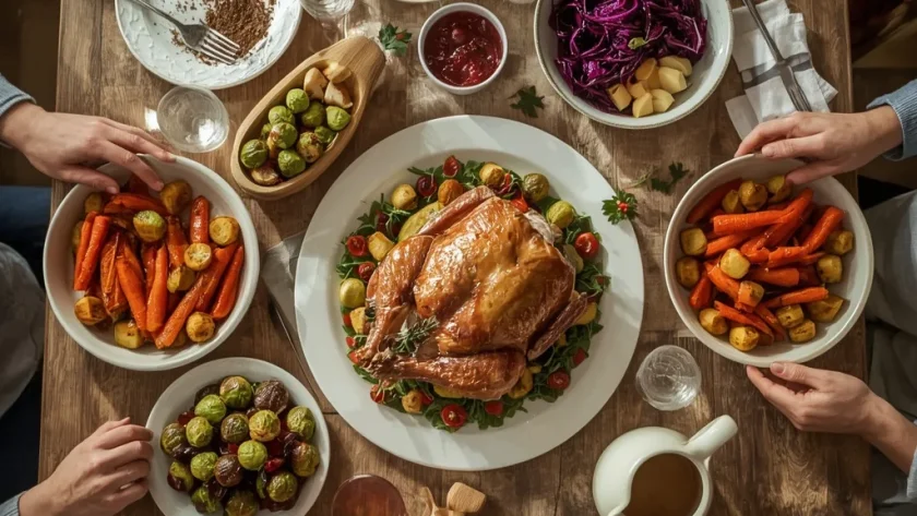 Family Christmas lunch with roast turkey, roast potatoes, vegetables, cranberry sauce and gravy