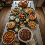 Christmas dishes for a crowd including roast turkey, beef pie, roast potatoes, cauliflower cheese and trifle