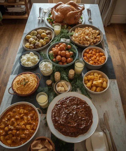 Christmas dishes for a crowd including roast turkey, beef pie, roast potatoes, cauliflower cheese and trifle