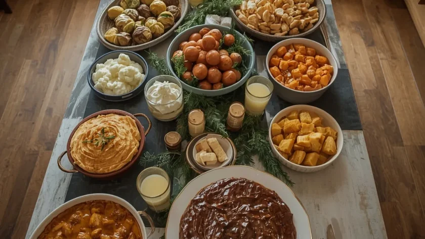 Christmas dishes for a crowd including roast turkey, beef pie, roast potatoes, cauliflower cheese and trifle