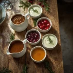 Christmas sauces and gravy including turkey gravy, cranberry sauce, bread sauce, mint sauce and custard