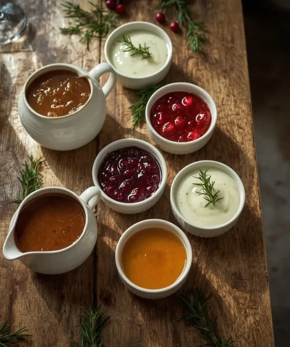 Christmas sauces and gravy including turkey gravy, cranberry sauce, bread sauce, mint sauce and custard