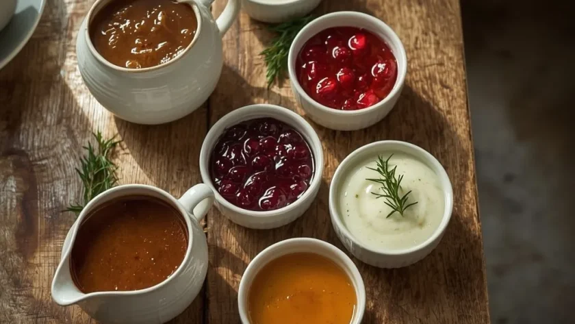 Christmas sauces and gravy including turkey gravy, cranberry sauce, bread sauce, mint sauce and custard