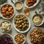 Selection of Christmas side dishes including roast potatoes, parsnips, sprouts, cauliflower cheese and red cabbage