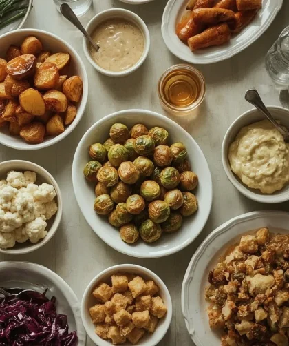 Selection of Christmas side dishes including roast potatoes, parsnips, sprouts, cauliflower cheese and red cabbage