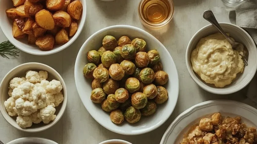 Selection of Christmas side dishes including roast potatoes, parsnips, sprouts, cauliflower cheese and red cabbage