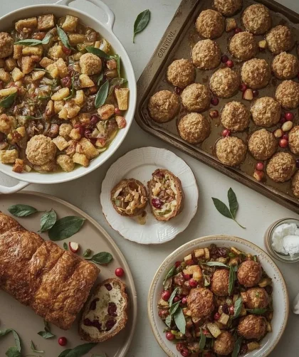 Christmas stuffing recipes including sage and onion, stuffing balls, chestnut and cranberry and a stuffing log