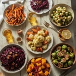 Christmas vegetable dishes including roasted carrots and parsnips, red cabbage, beetroot, squash and sprouts