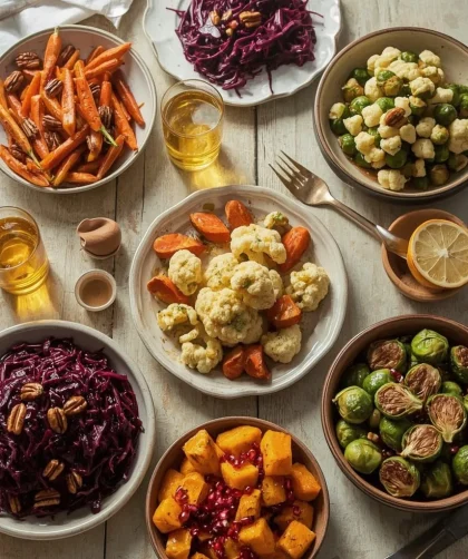 Christmas vegetable dishes including roasted carrots and parsnips, red cabbage, beetroot, squash and sprouts