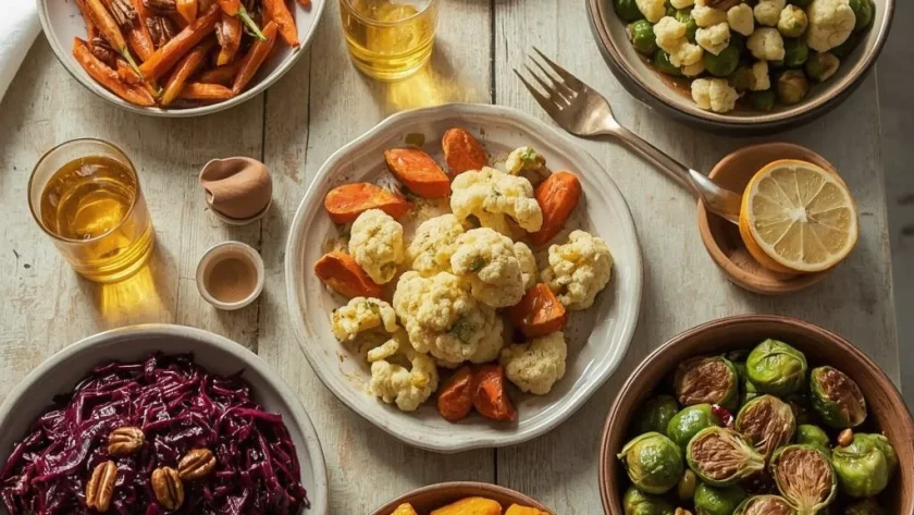 Christmas vegetable dishes including roasted carrots and parsnips, red cabbage, beetroot, squash and sprouts