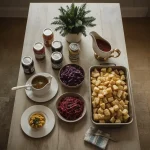 Make-ahead Christmas dinner dishes including cranberry sauce, gravy, red cabbage, potatoes and trifle