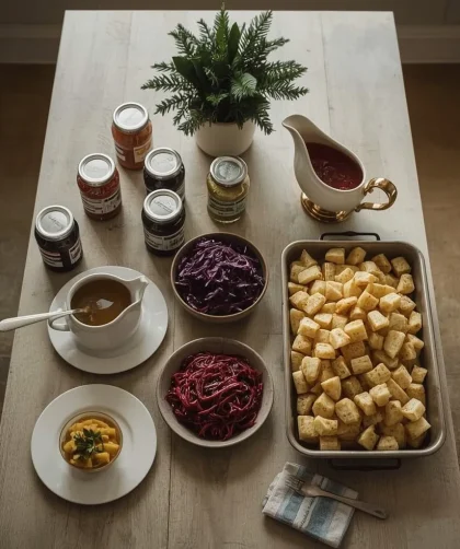 Make-ahead Christmas dinner dishes including cranberry sauce, gravy, red cabbage, potatoes and trifle