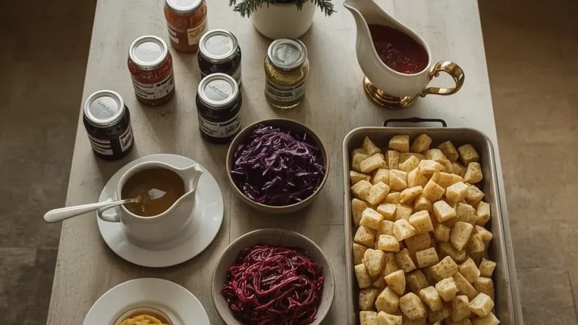 Make-ahead Christmas dinner dishes including cranberry sauce, gravy, red cabbage, potatoes and trifle
