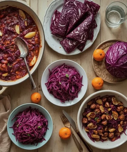Red cabbage dishes for Christmas including braised cabbage, roasted wedges and red cabbage slaw
