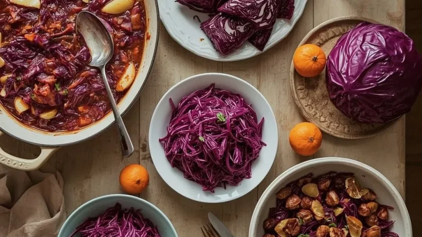 Red cabbage dishes for Christmas including braised cabbage, roasted wedges and red cabbage slaw