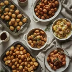 Crispy roast potatoes in different styles for Christmas with rosemary, lemon, cheese and paprika