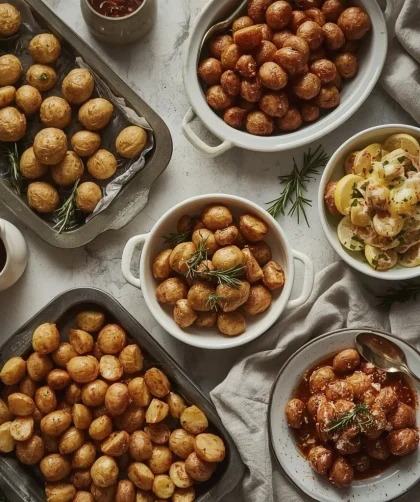 Crispy roast potatoes in different styles for Christmas with rosemary, lemon, cheese and paprika