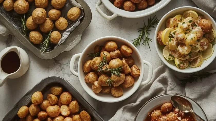 Crispy roast potatoes in different styles for Christmas with rosemary, lemon, cheese and paprika