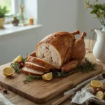 Roast turkey crown partly carved on a wooden board with herbs, lemon and gravy