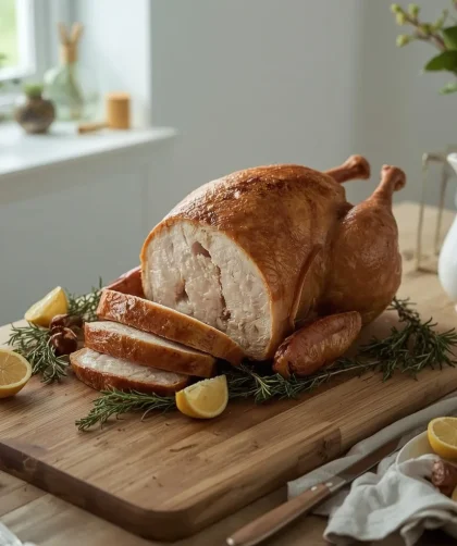 Roast turkey crown partly carved on a wooden board with herbs, lemon and gravy