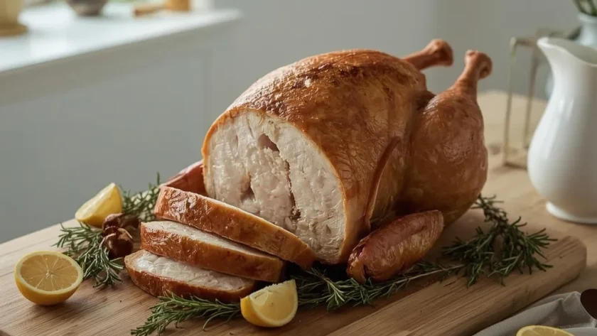 Roast turkey crown partly carved on a wooden board with herbs, lemon and gravy