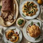 Vegetarian Christmas main courses including nut roast, filo wreath, stuffed squash and roasted cauliflower