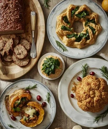 Vegetarian Christmas main courses including nut roast, filo wreath, stuffed squash and roasted cauliflower
