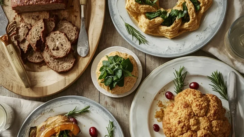 Vegetarian Christmas main courses including nut roast, filo wreath, stuffed squash and roasted cauliflower