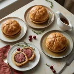 Beef, salmon and mushroom Wellingtons on a festive Christmas table