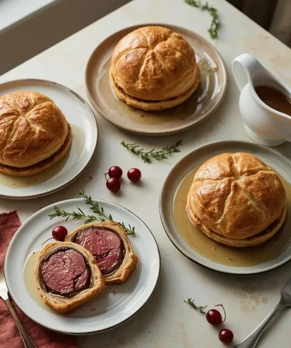 Beef, salmon and mushroom Wellingtons on a festive Christmas table