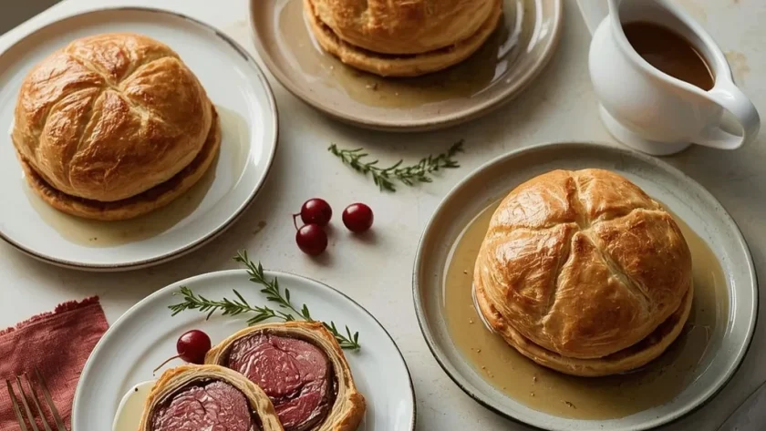 Beef, salmon and mushroom Wellingtons on a festive Christmas table