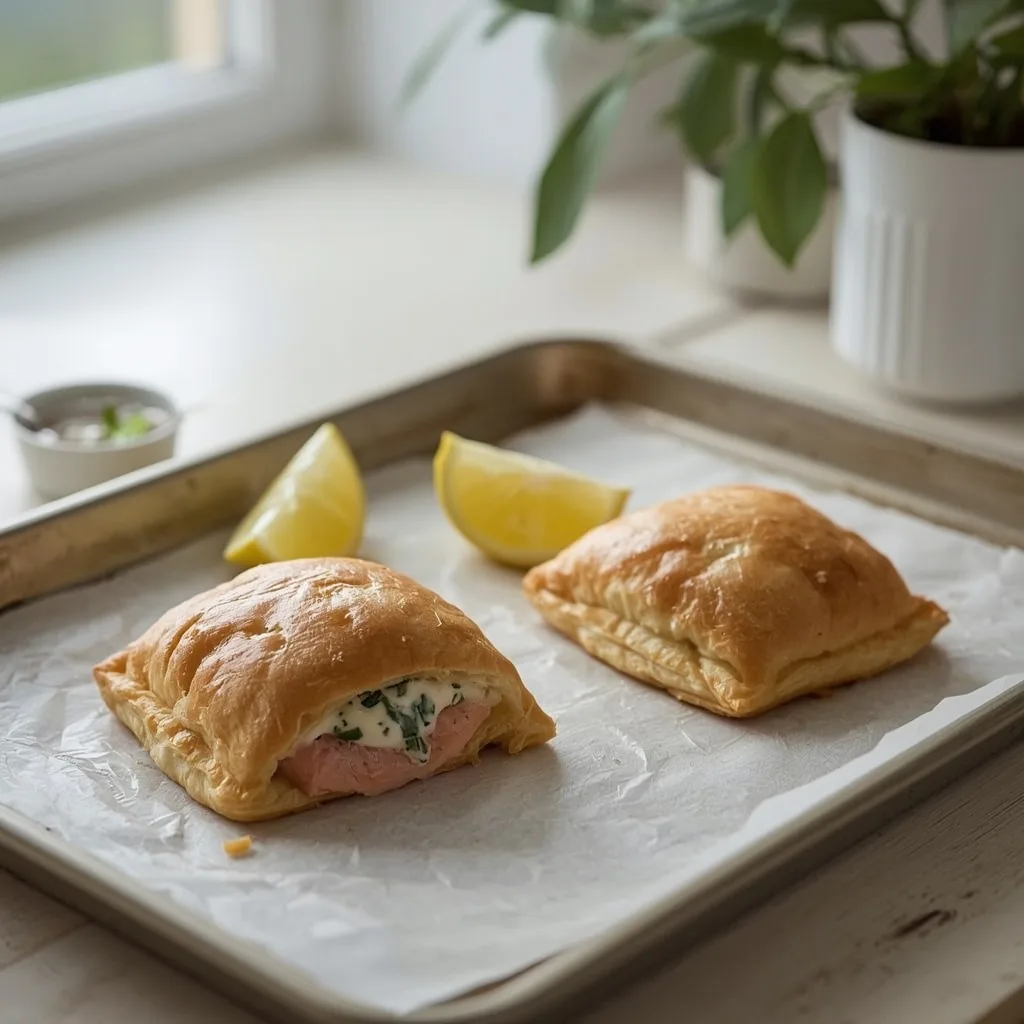 Two mini salmon en croûte parcels, one cut open, with lemon wedges