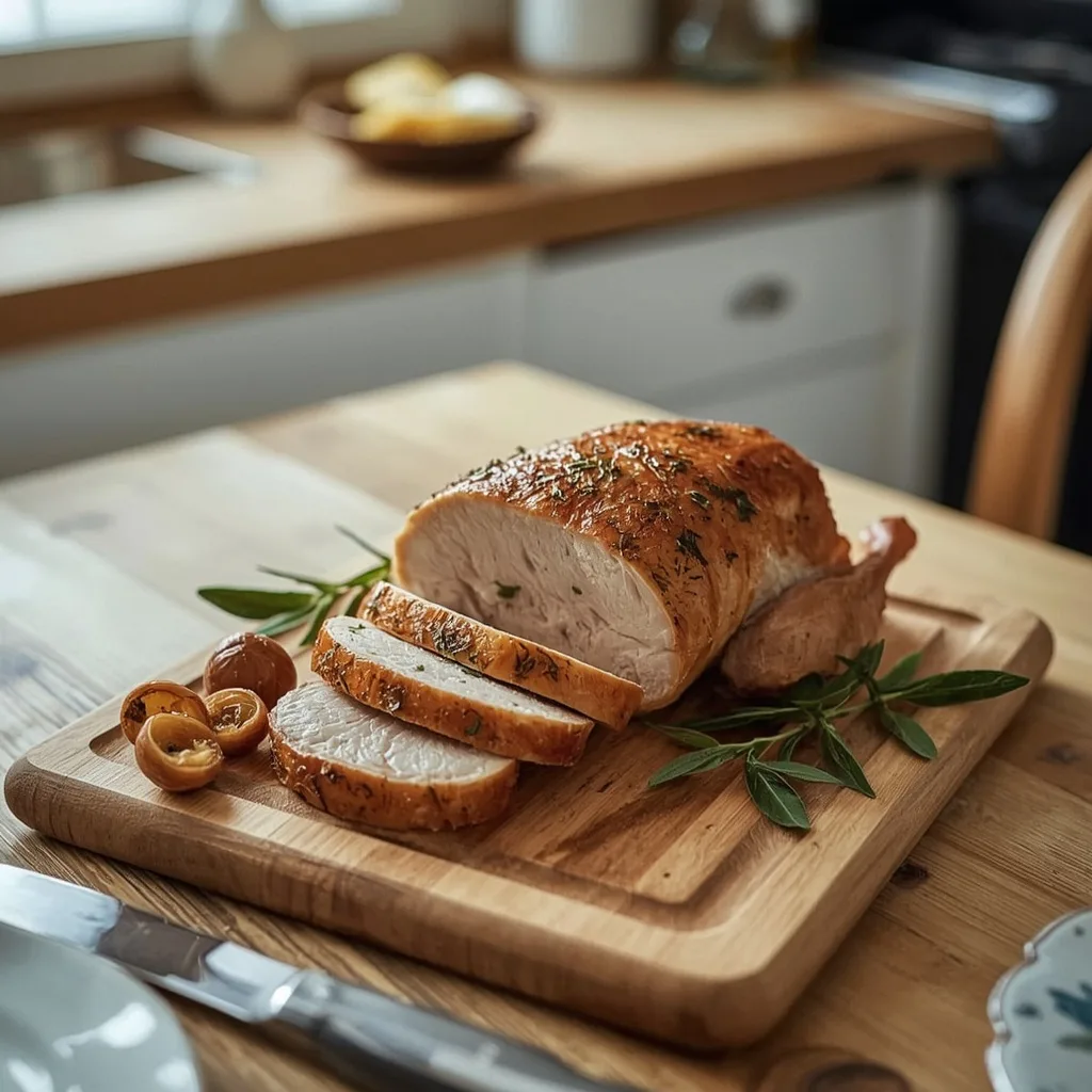 Mini turkey breast roast for two sliced on a board