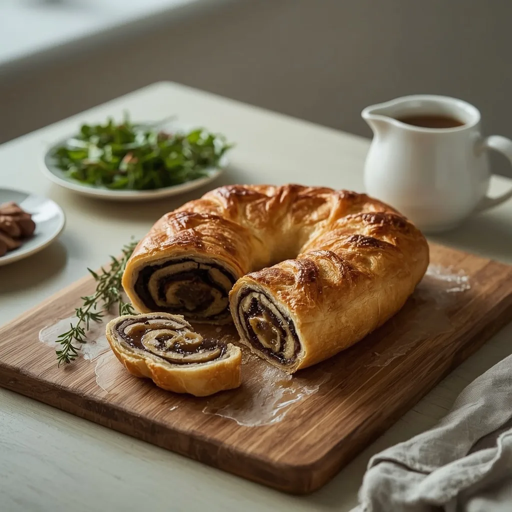Mushroom and chestnut Wellington with a pastry plait sliced on a board