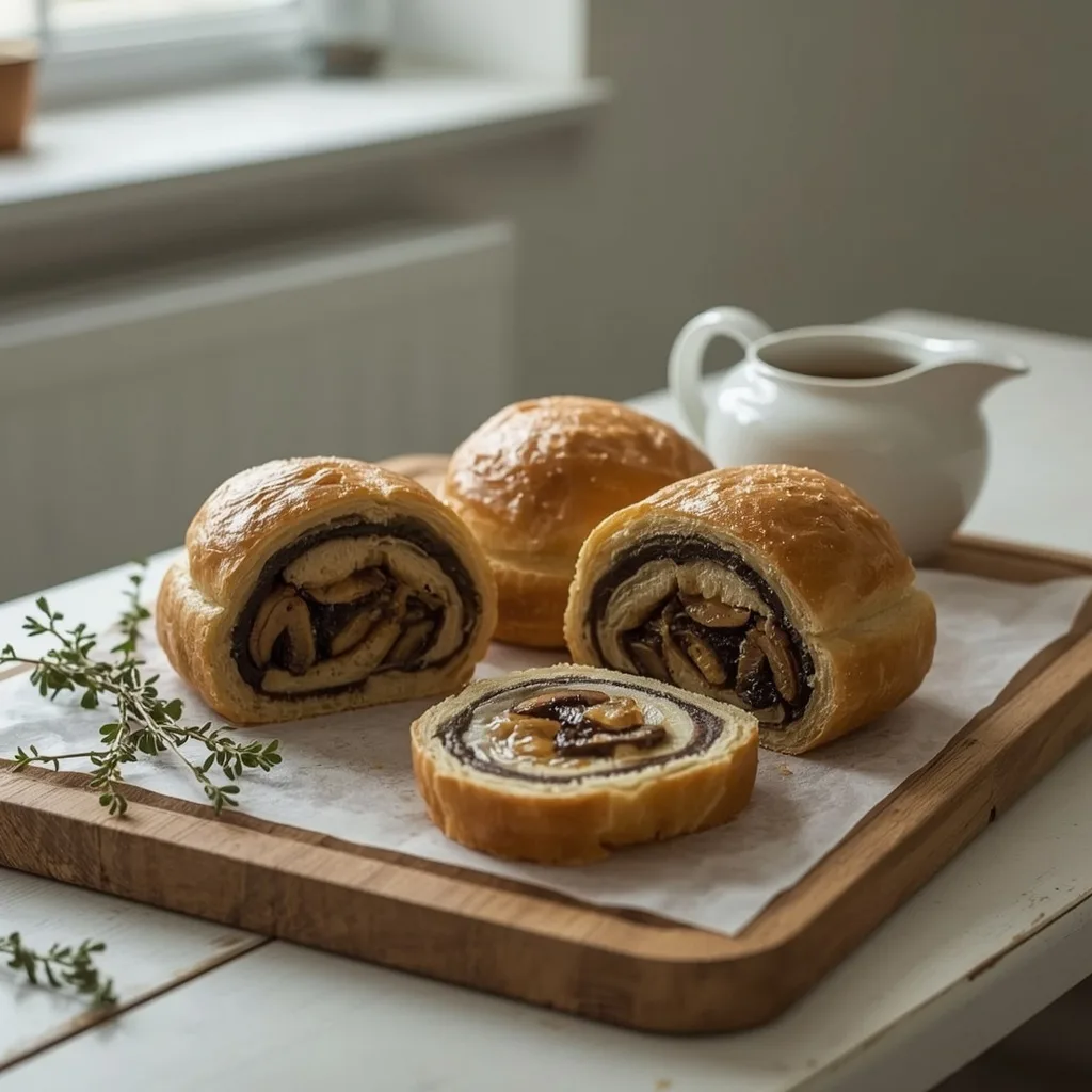 Mushroom and chestnut Wellington sliced on a board with gravy
