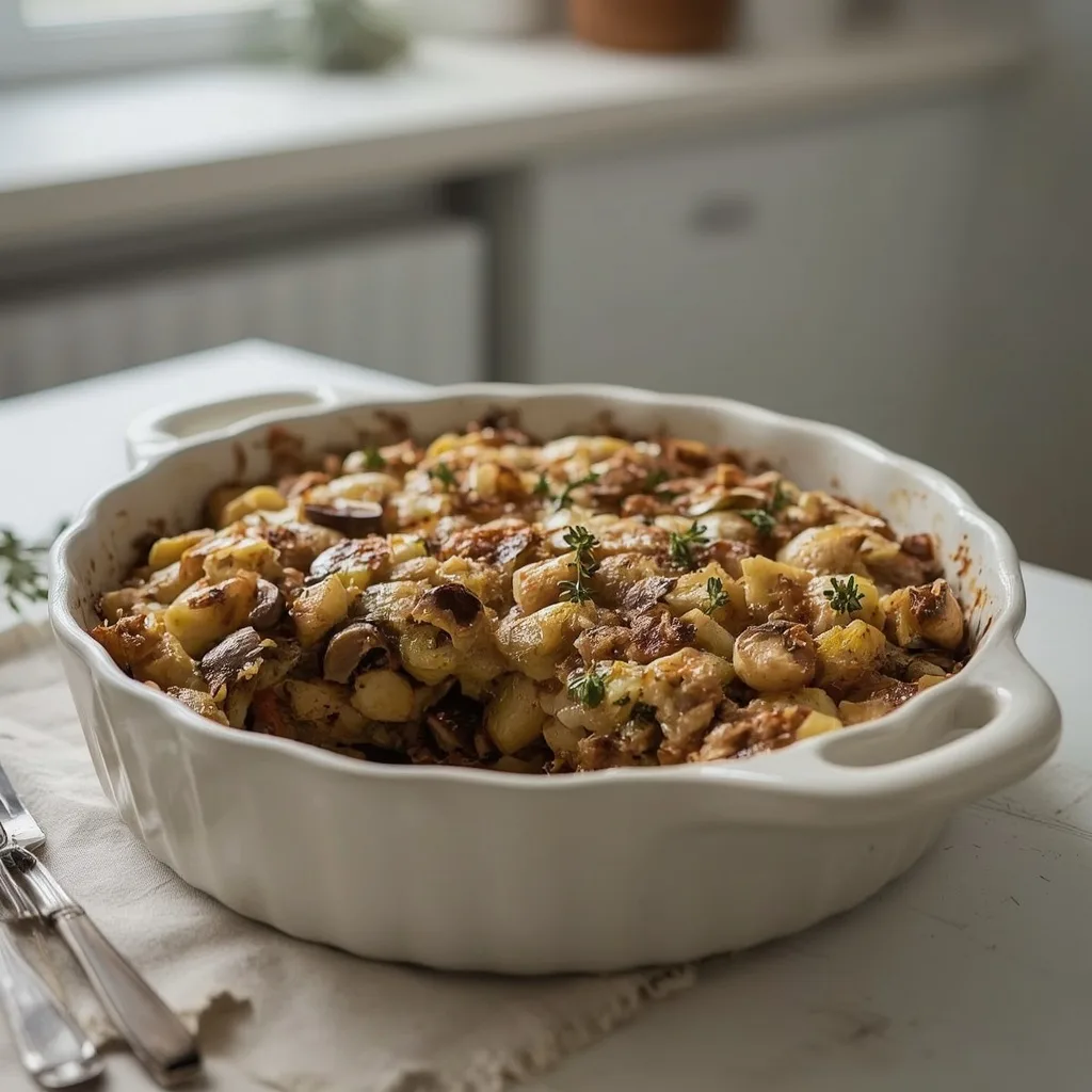 Mushroom and leek stuffing in a rustic dish with thyme