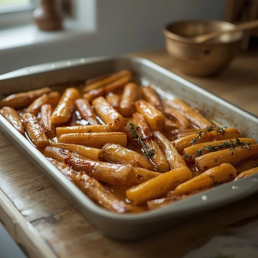 No-fuss honey roast parsnips on a baking tray with thyme
