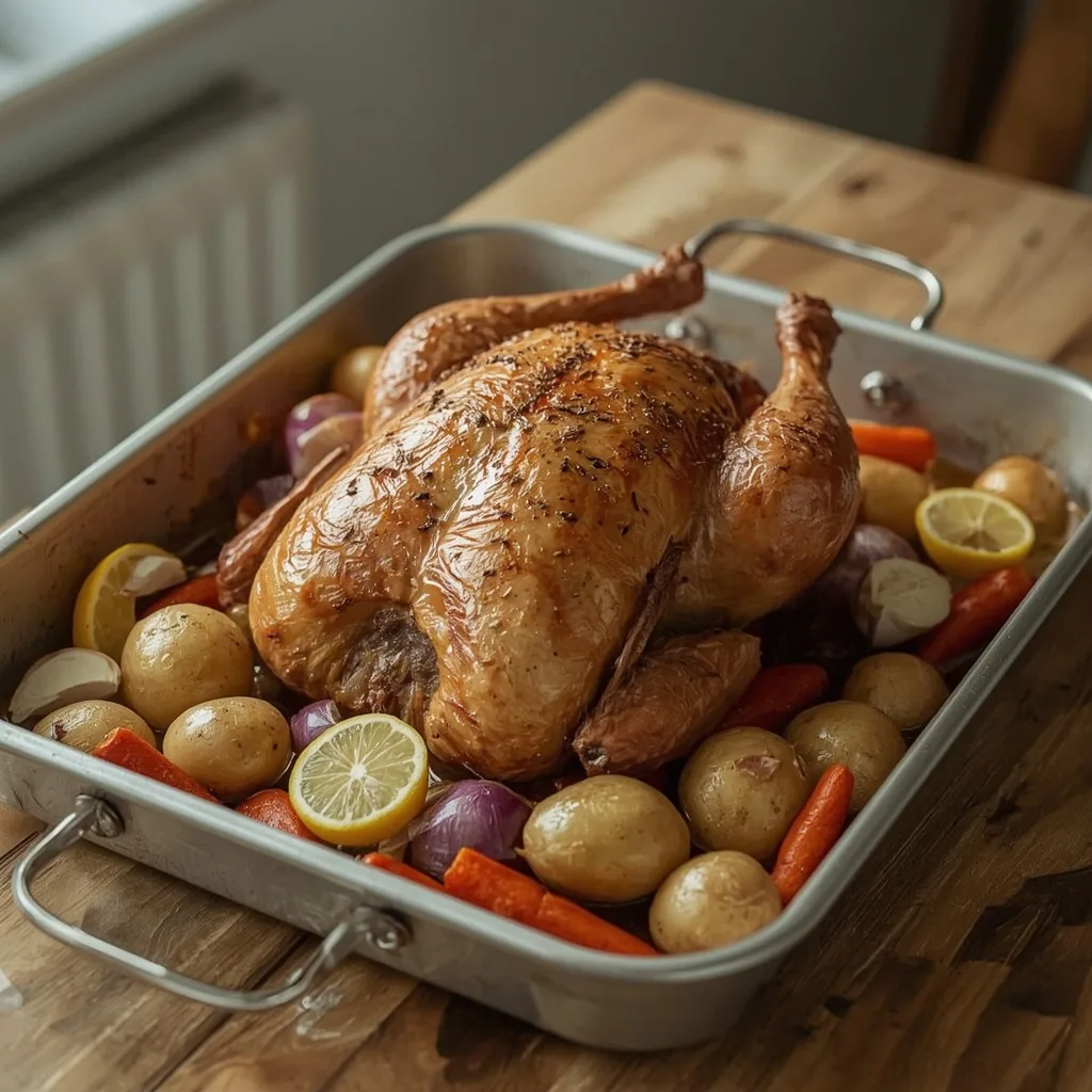 One-tray roast chicken with lemon, garlic and vegetables