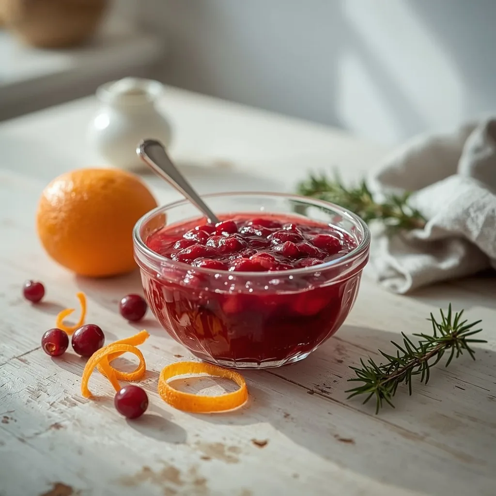 Glass bowl of homemade orange cranberry sauce with fresh cranberries
